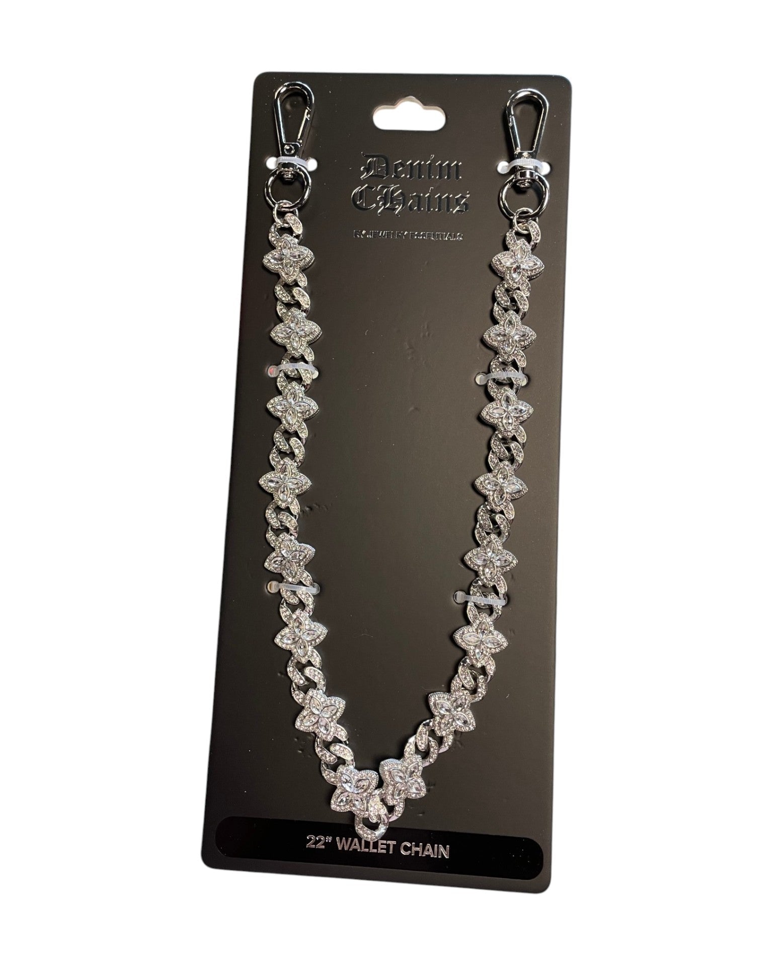 Silver wallet chain on a black card with branding.