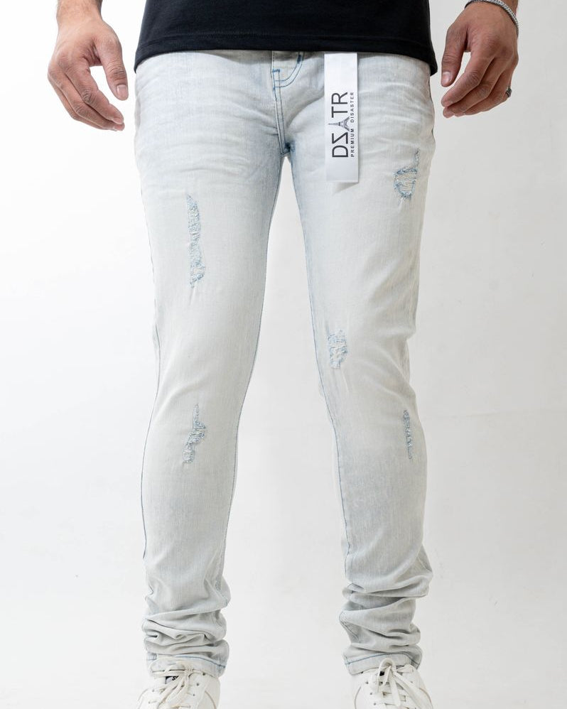 Light blue jeans with a brand logo on a white background