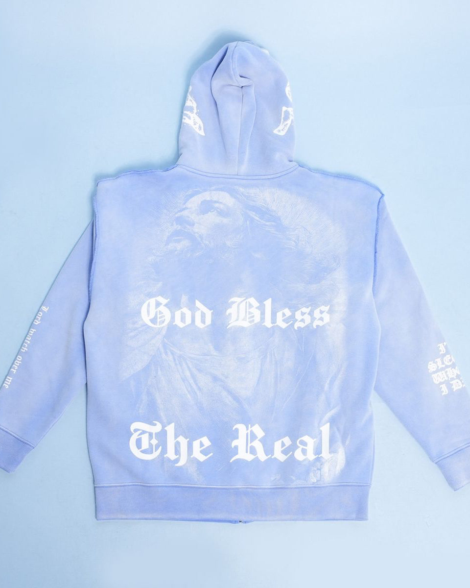 Light blue hoodie with text on a light blue background