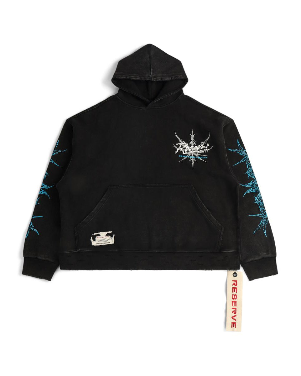 Black hoodie with brand logo and text on sleeves against a white background