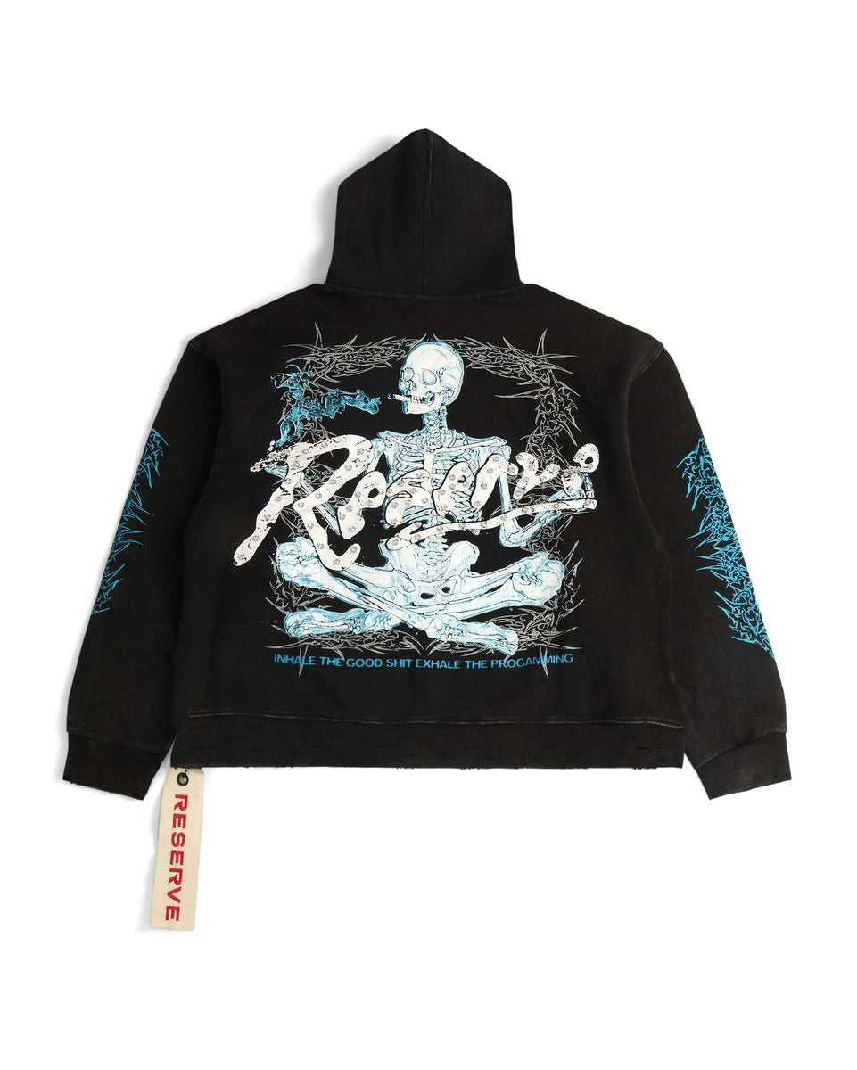 Black hoodie with a skeleton design on the back, displayed against a white background.