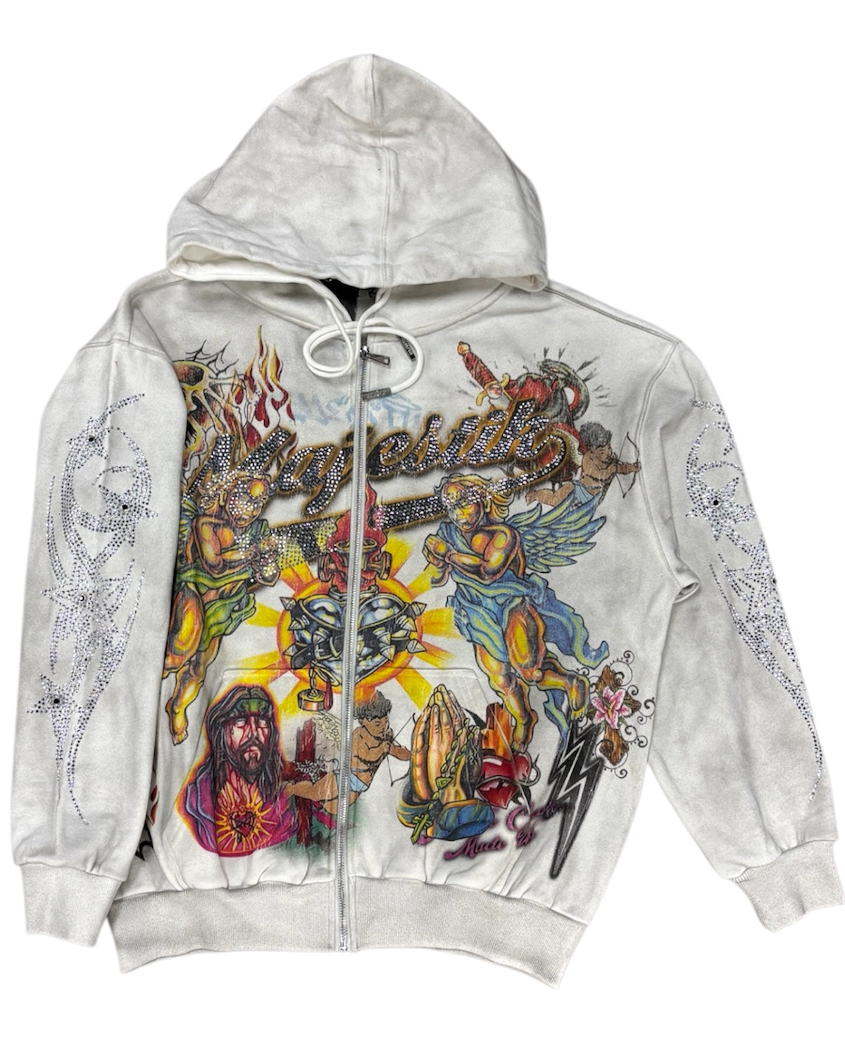 Gray hoodie with colorful graphic designs on a white background