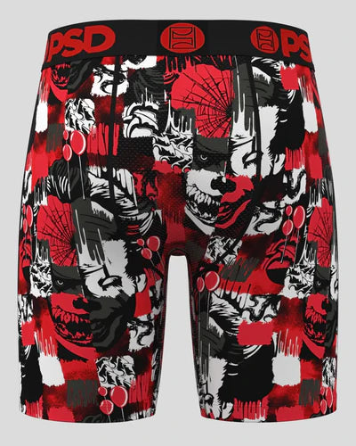 Boxer briefs with a red, black, and white graphic design on a gray background