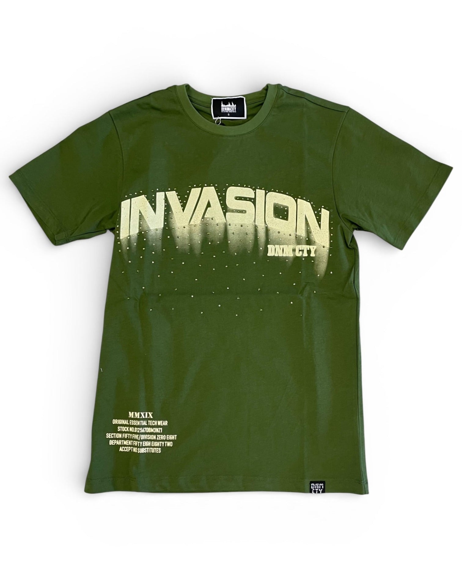 Green t-shirt with 'INVASION' print on a white background
