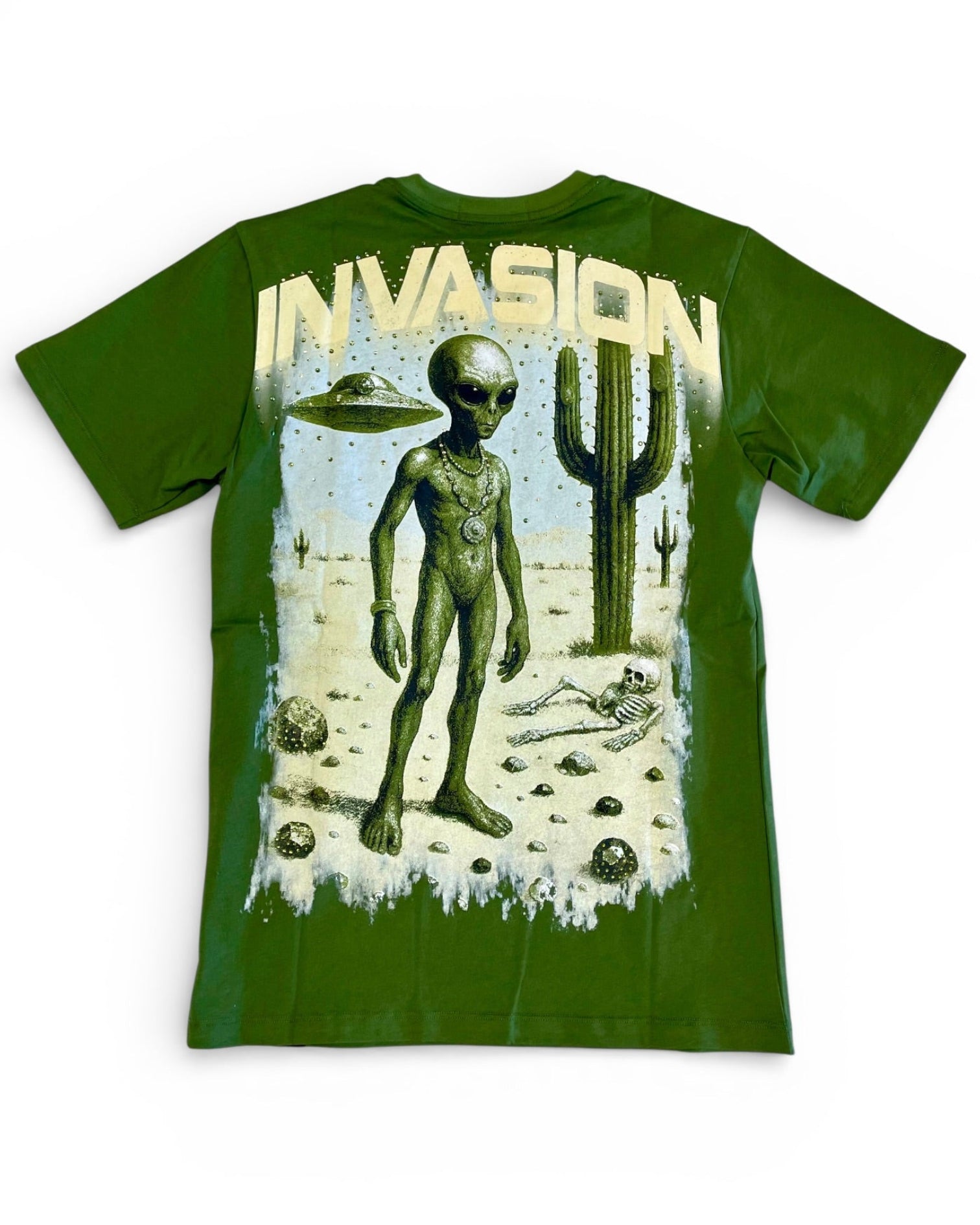 Green t-shirt with alien graphic and 'INVASION' text on a white background