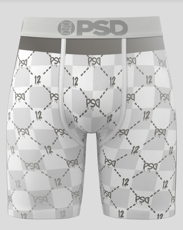 Gray boxer briefs with geometric pattern and 'PSD' branding on a white background