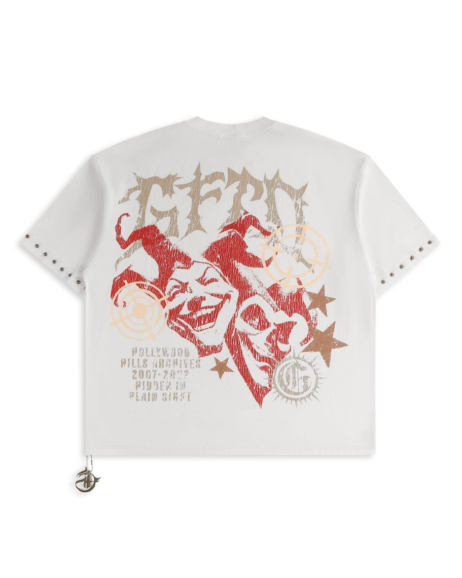 White t-shirt with red and gold graphic design on a white background