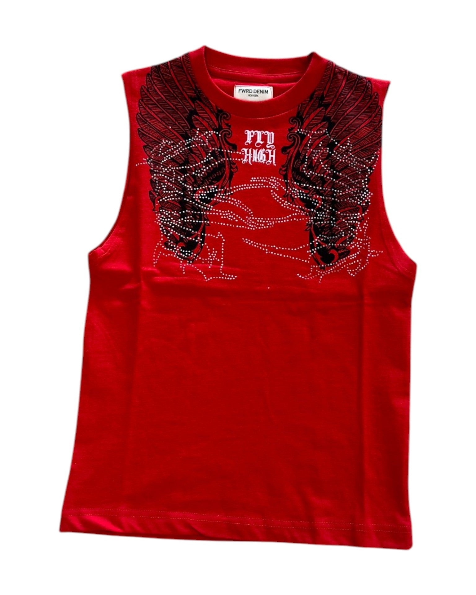 Red sleeveless shirt with black graphic design on a white background
