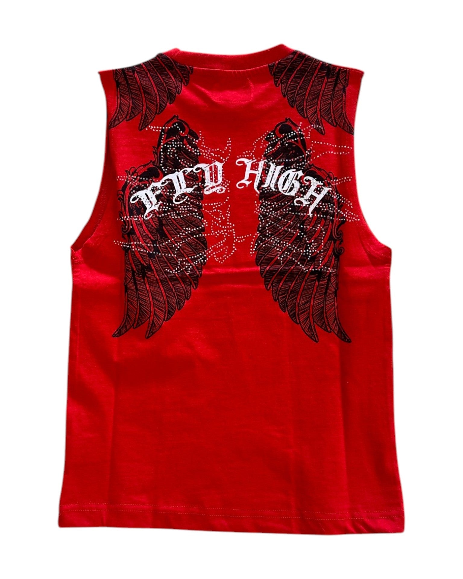 Red sleeveless shirt with black wings and 'FLY HIGH' text on a white background