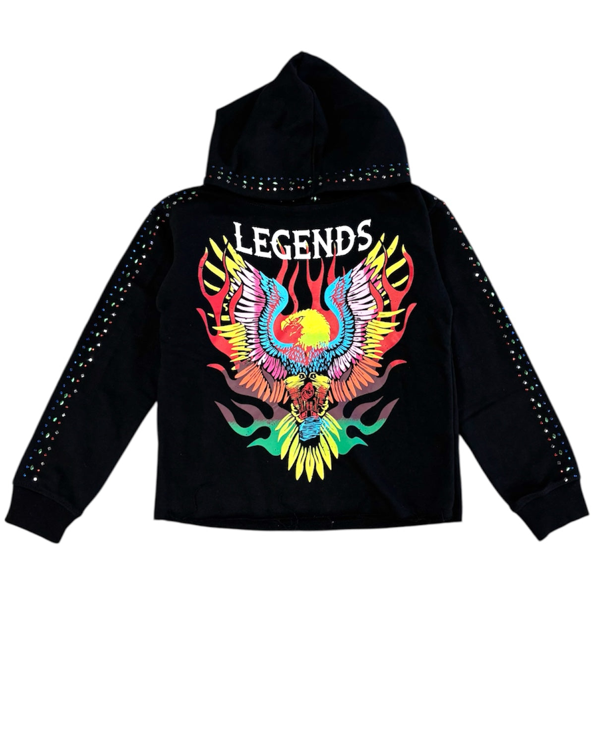 Black hoodie with colorful eagle design and 'LEGENDS' text on a white background