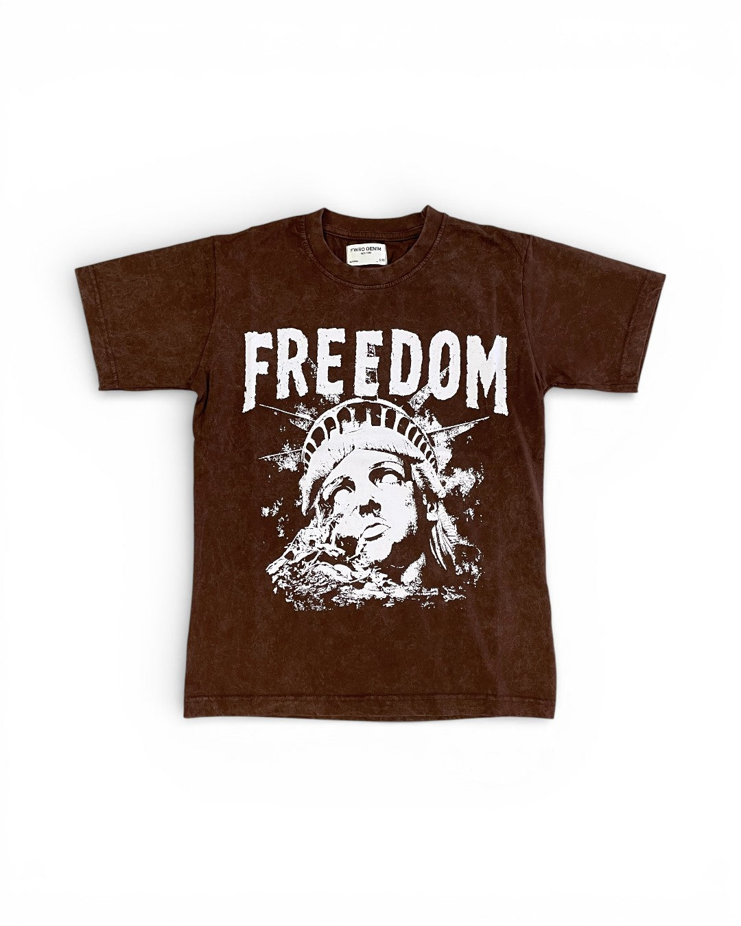 Brown t-shirt with 'FREEDOM' and a graphic design on a white background