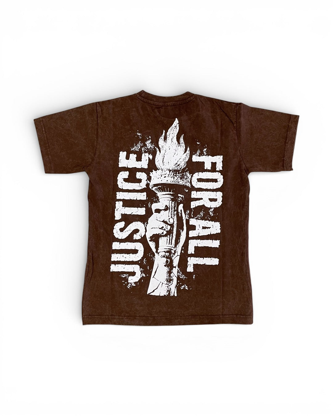Brown t-shirt with 'Justice for All' graphic design on a white background
