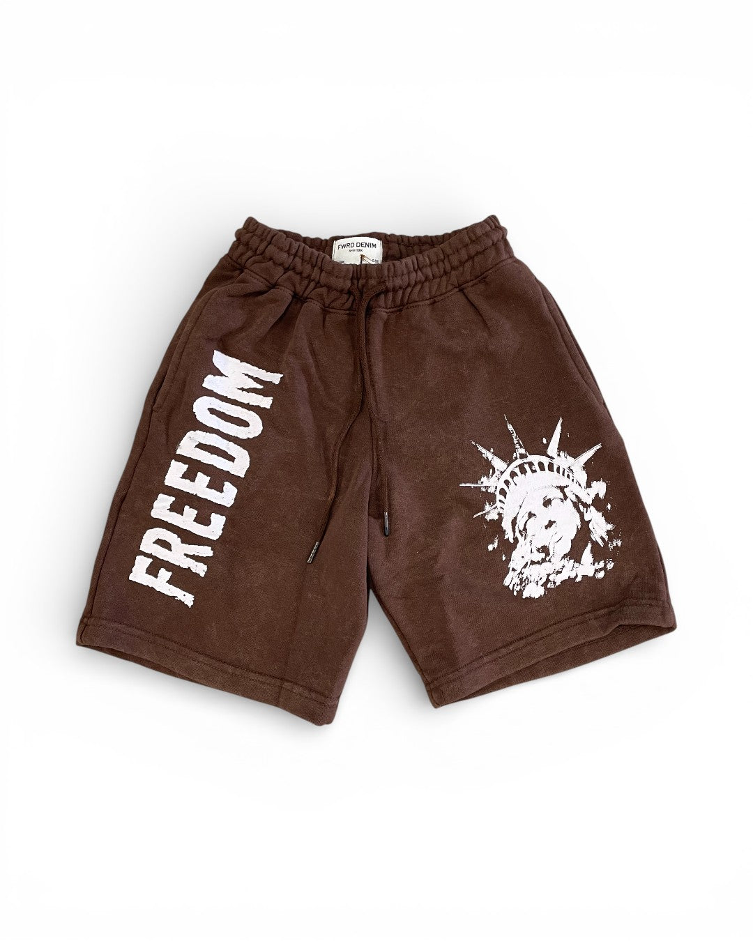 Brown shorts with 'FREEDOM' text and a graphic design on a white background