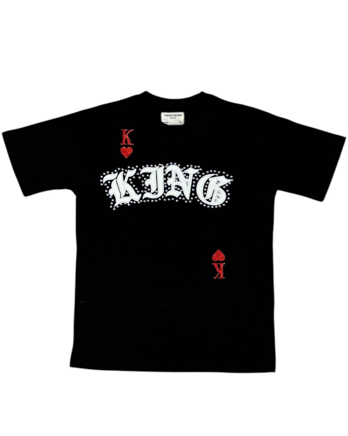 Black t-shirt with white and red graphics on a white background