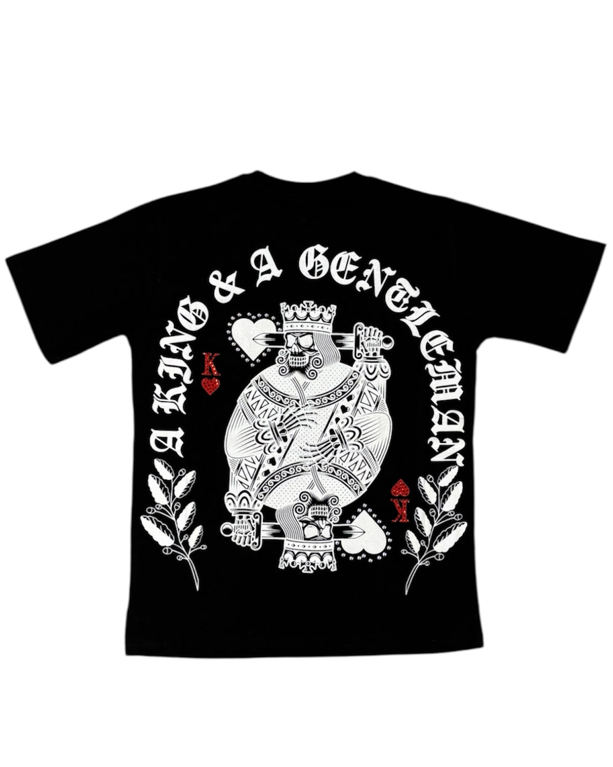 Black t-shirt with a king and a gentleman graphic design on a white background