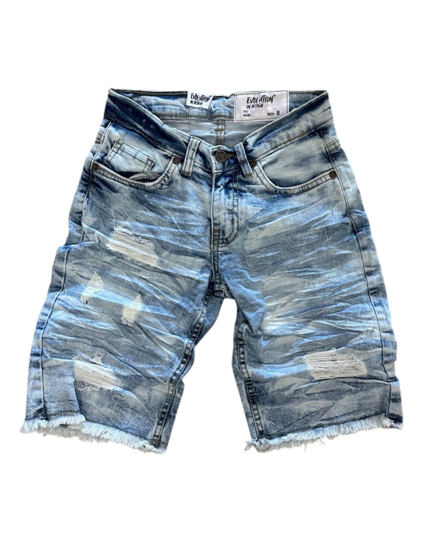 Distressed blue denim shorts on a white background