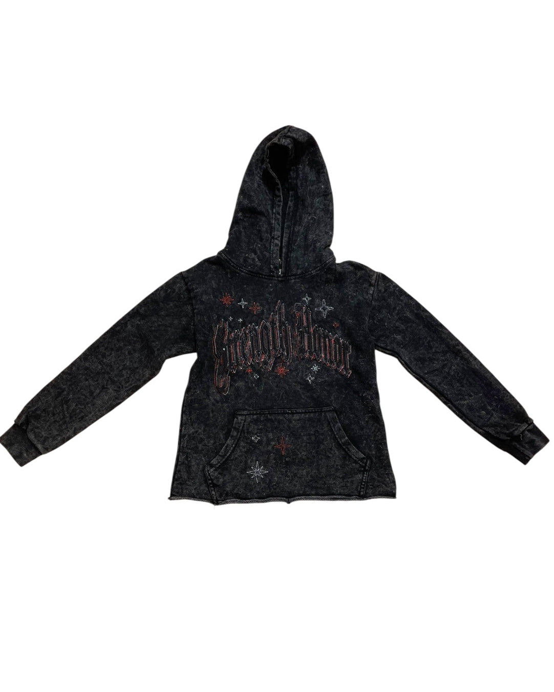 Black hoodie with text and star designs on a white background