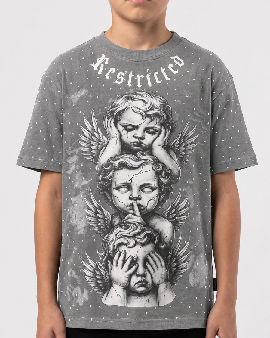 Child wearing a gray t-shirt with angel graphic and 'Restricted' text on a white background