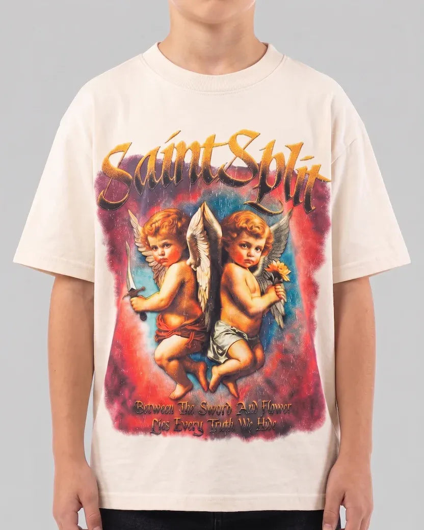 Person wearing a t-shirt with 'Saint Split' design featuring two cherubs on a gray background