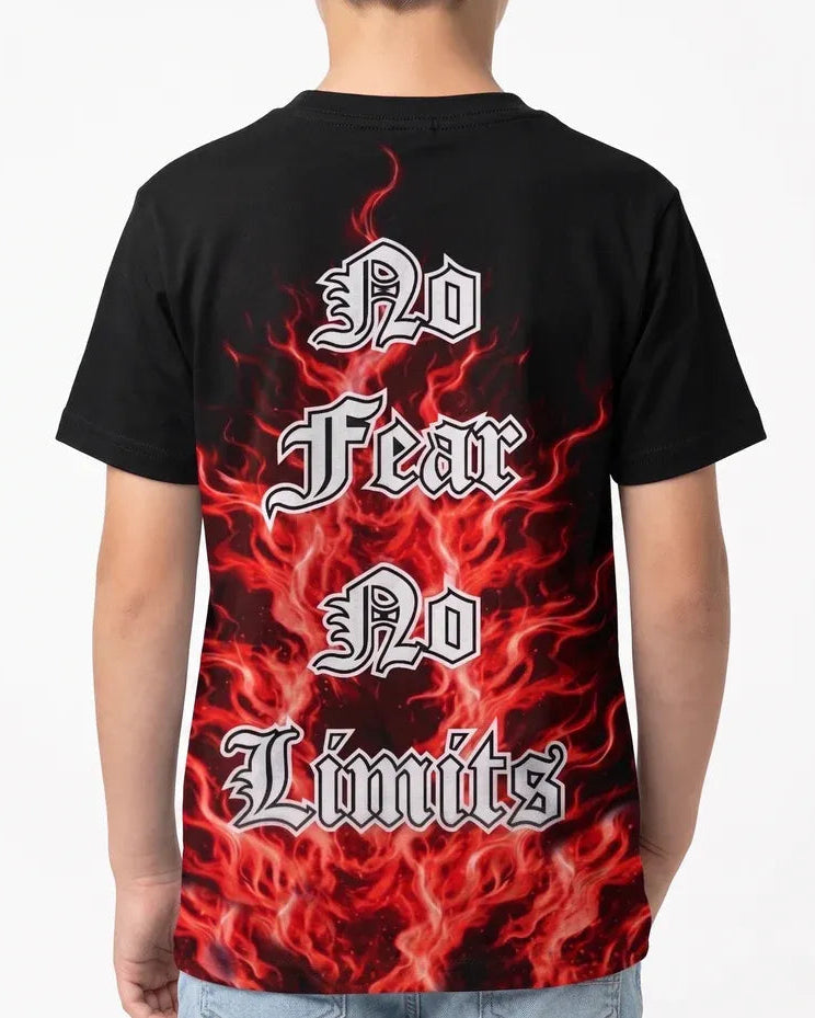 Black t-shirt with red flames and white text on a plain background