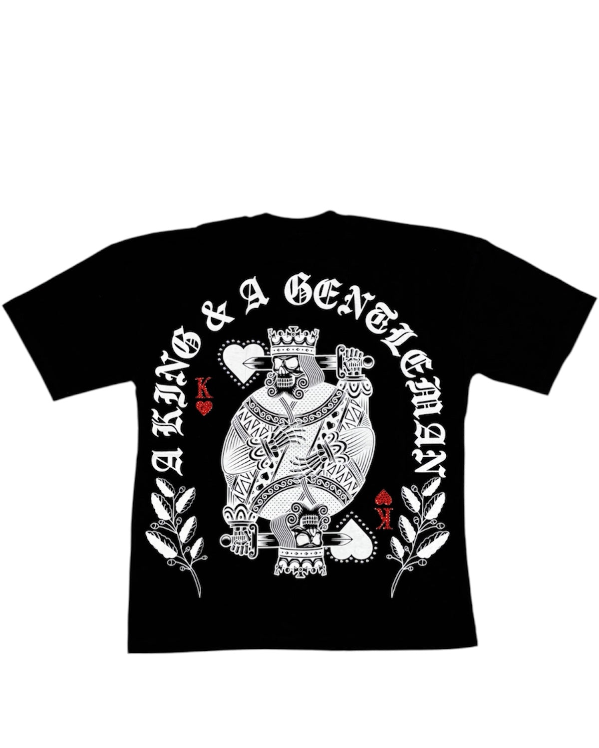 Black t-shirt with white graphic design and text on a white background