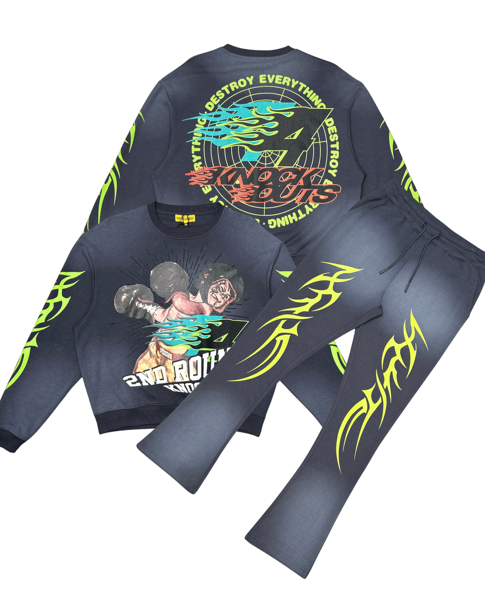 Black sweatshirt and pants with colorful graphics on a white background