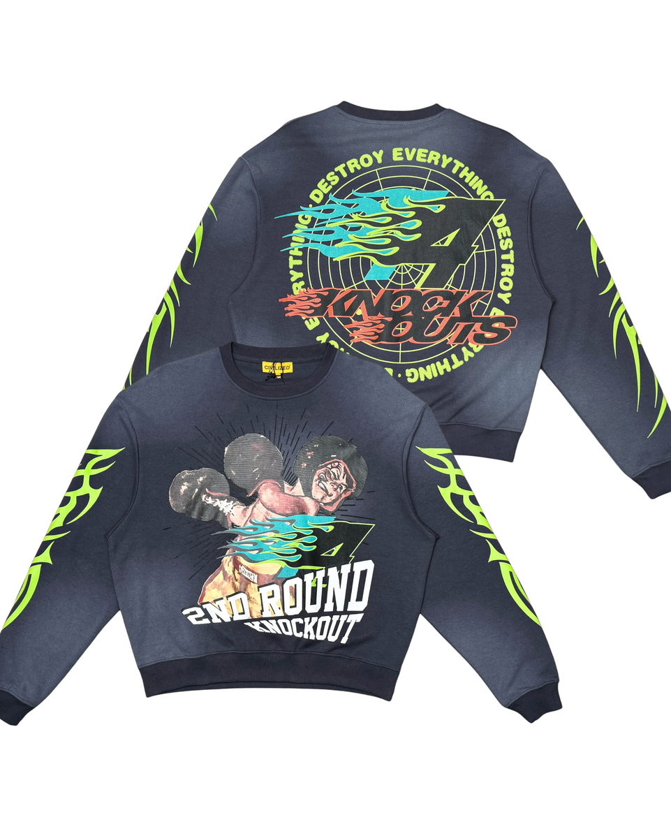 Gray sweatshirt with colorful graphics and text on a white background