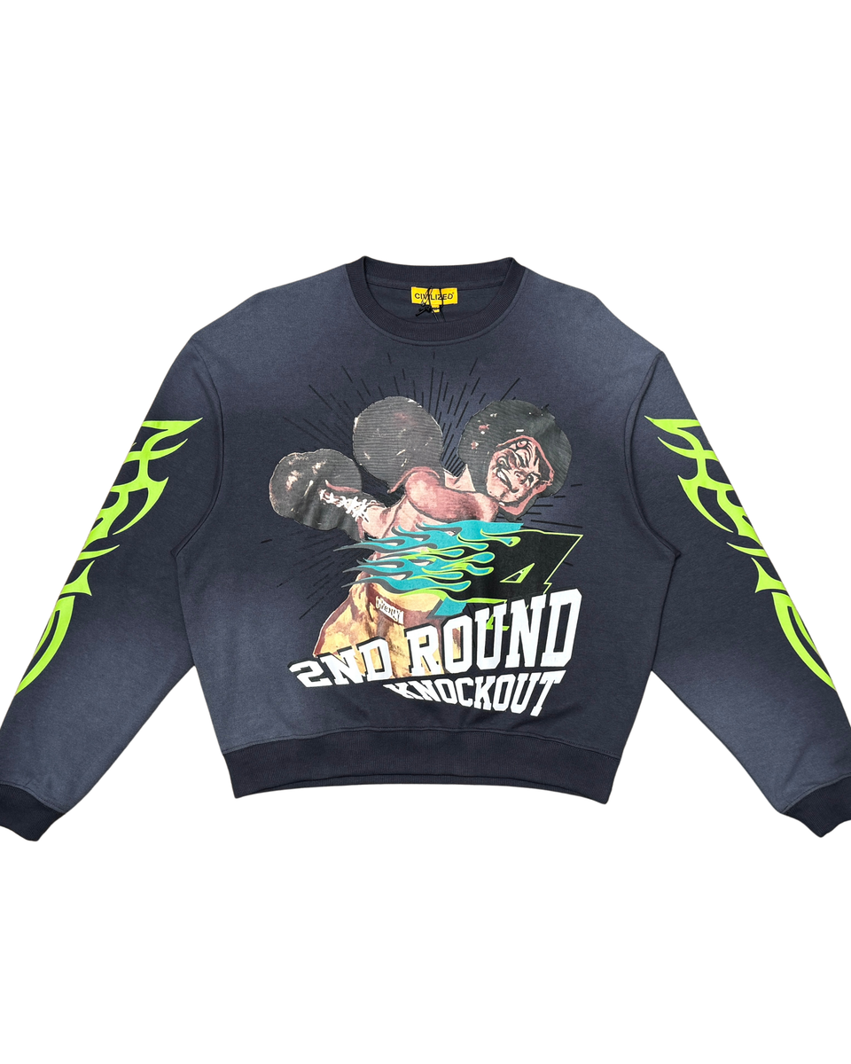 Sweatshirt with graphic design and text on a white background