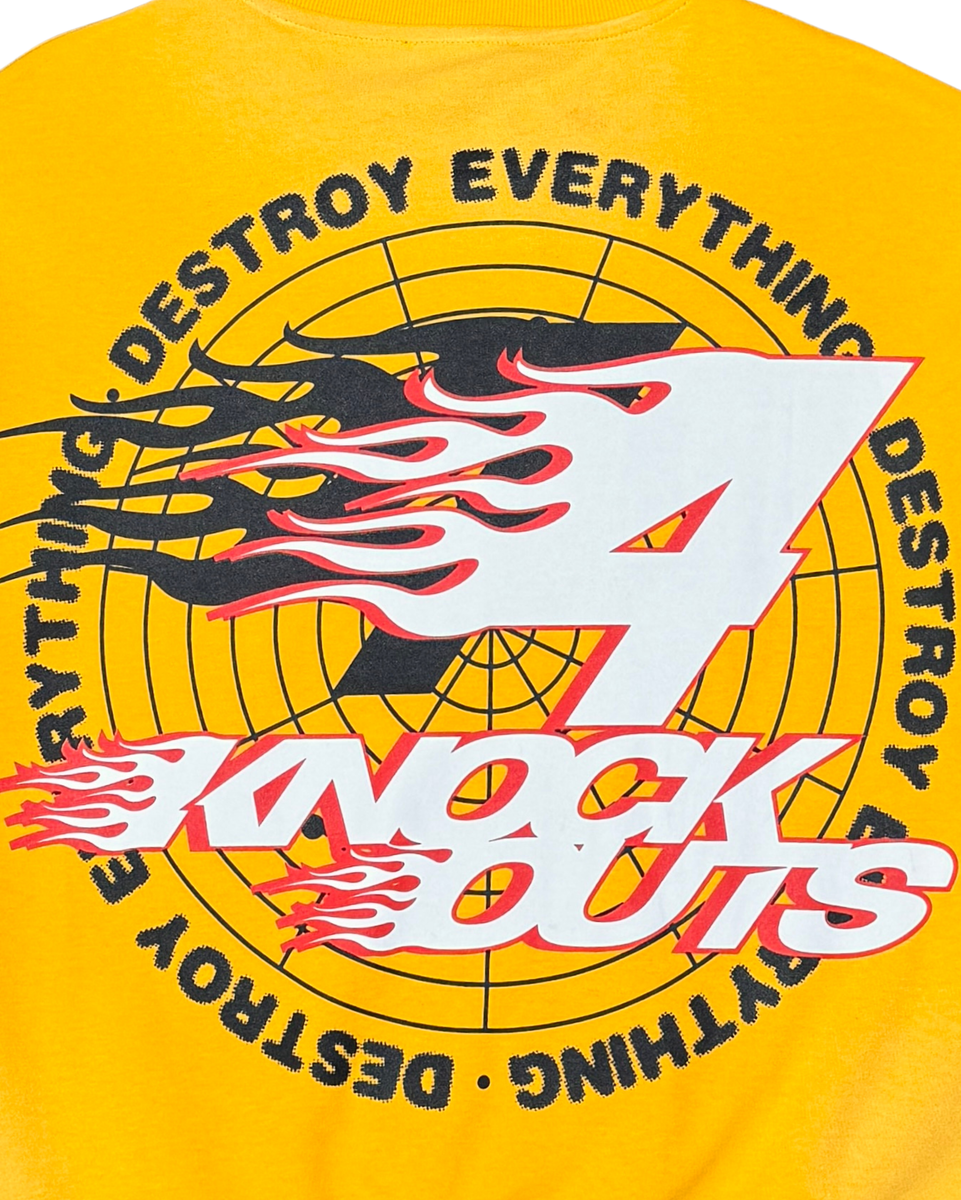 Yellow t-shirt with black and red graphic design on a yellow background