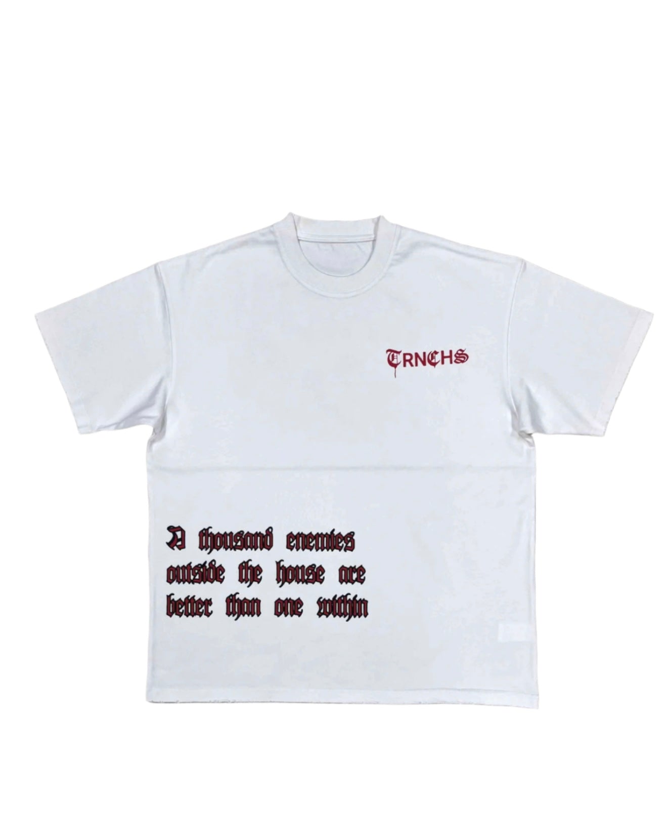 TRNCHS BRAND KNOW YOUR ENEMIES GRAPHIC TEE IN WHITE