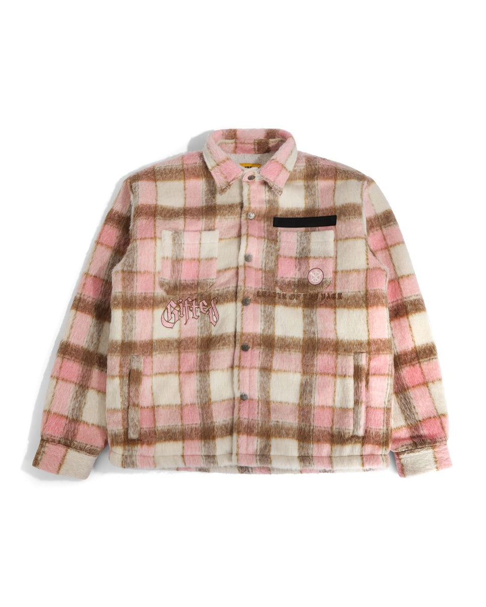 Plaid jacket with pink and brown pattern on a white background