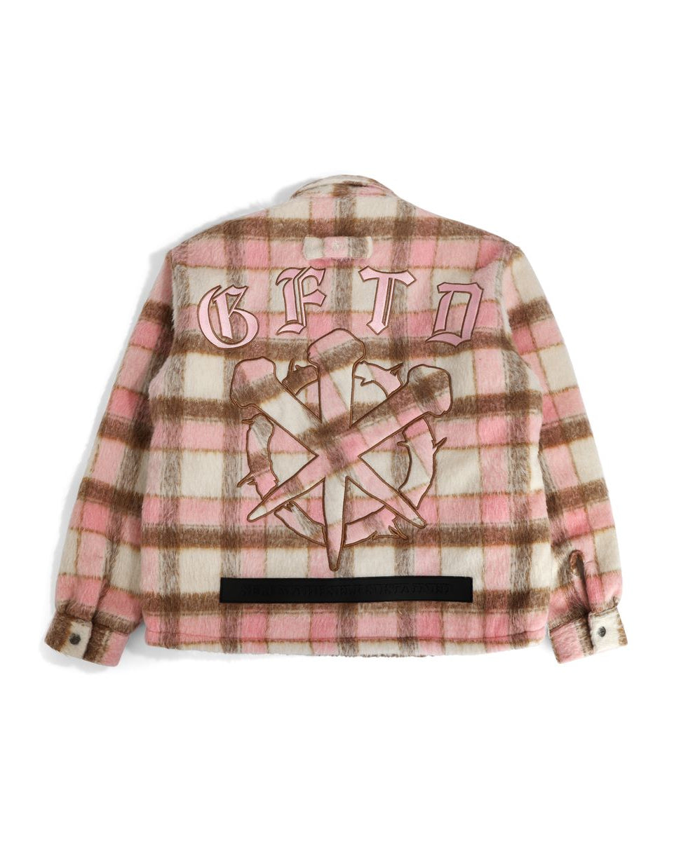 Pink and brown plaid jacket with graphic design on a white background