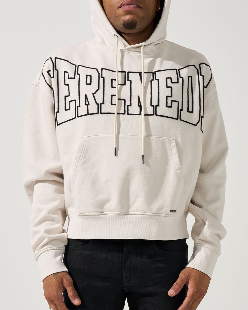 Person wearing a light gray hoodie with 'Serenity' printed on it against a white background