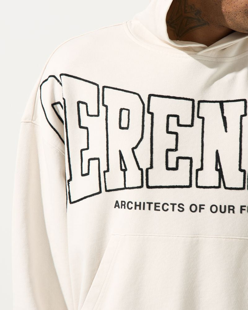 White hoodie with black text on a white background