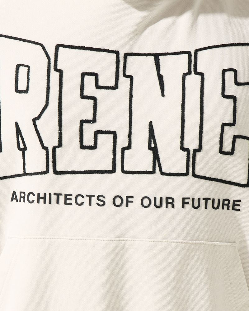 White hoodie with black text 'RENE' and 'ARCHITECTS OF OUR FUTURE' on a white background