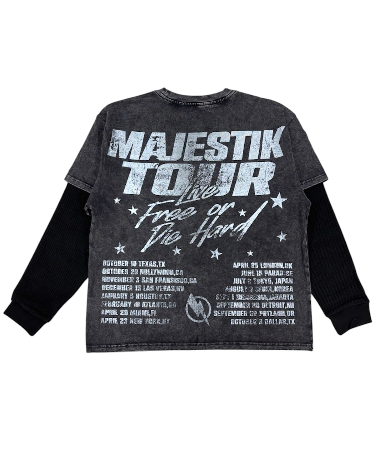 Black long-sleeve shirt with 'Majestik Tour' text and graphics on a white background