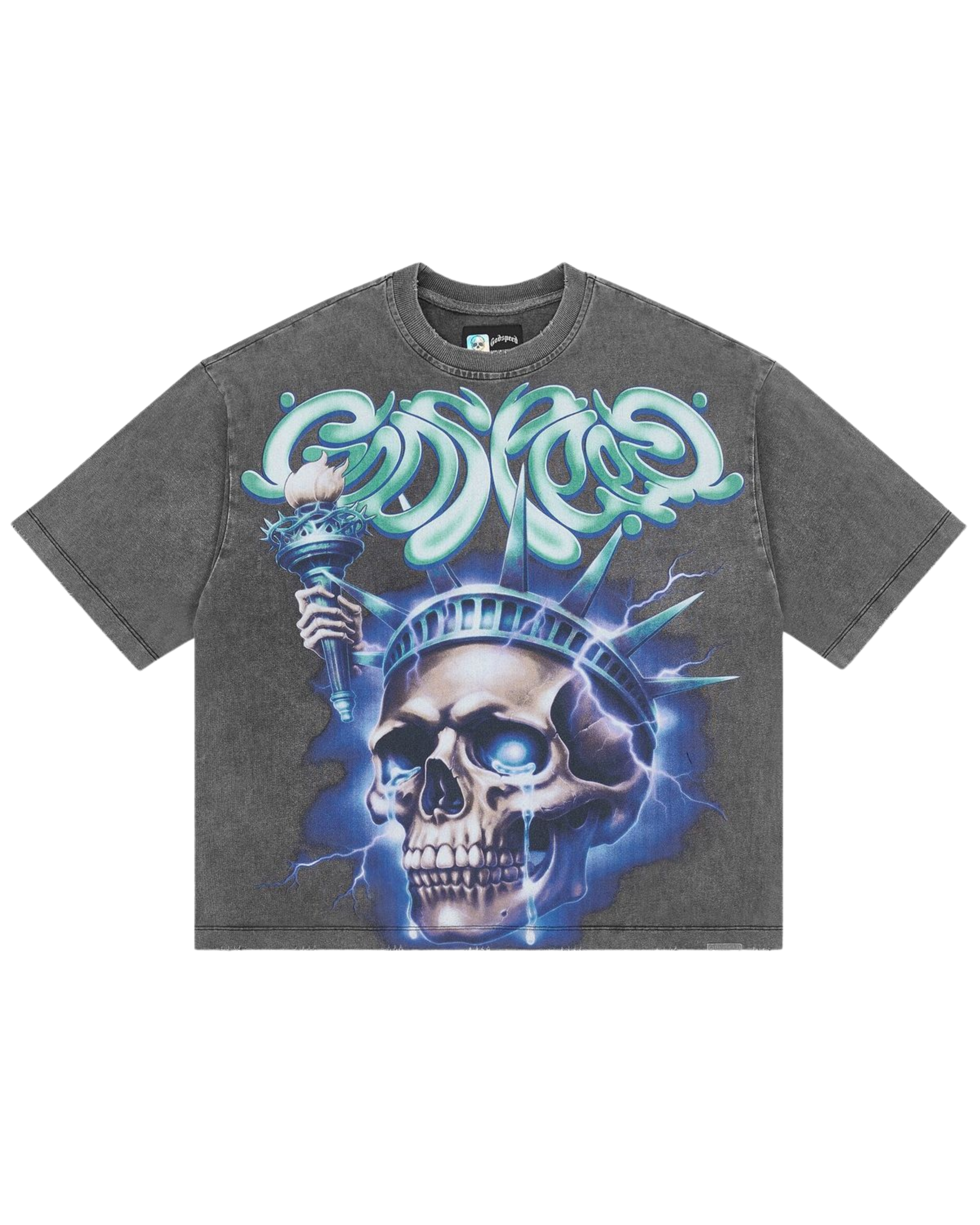 Gray t-shirt with a graphic design of a skull and blue text on a white background