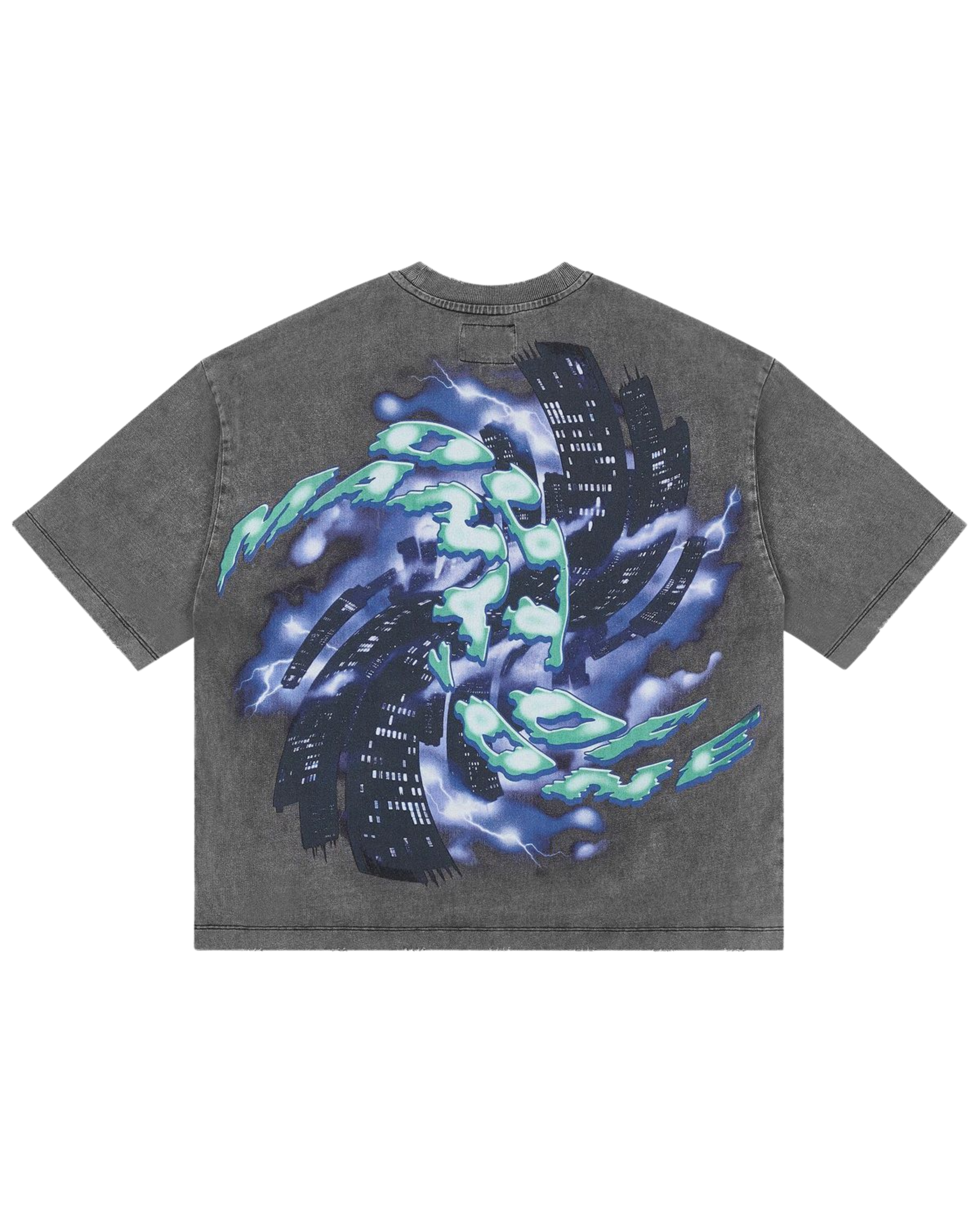 Gray t-shirt with a colorful graphic design on the back against a white background