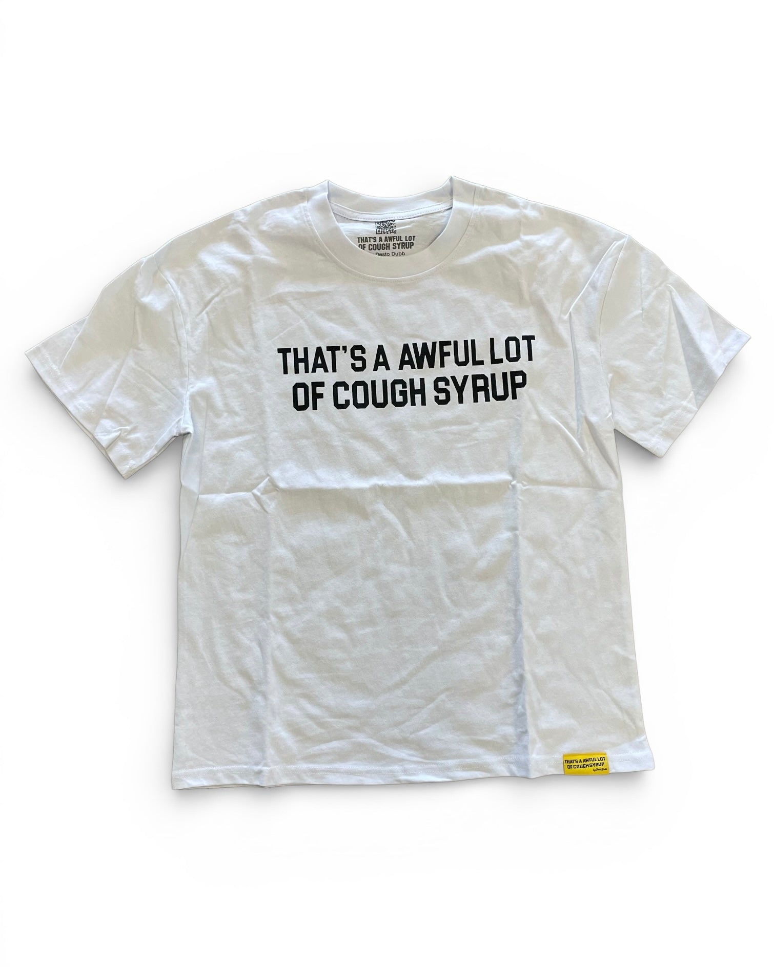 White t-shirt with black text on a white background