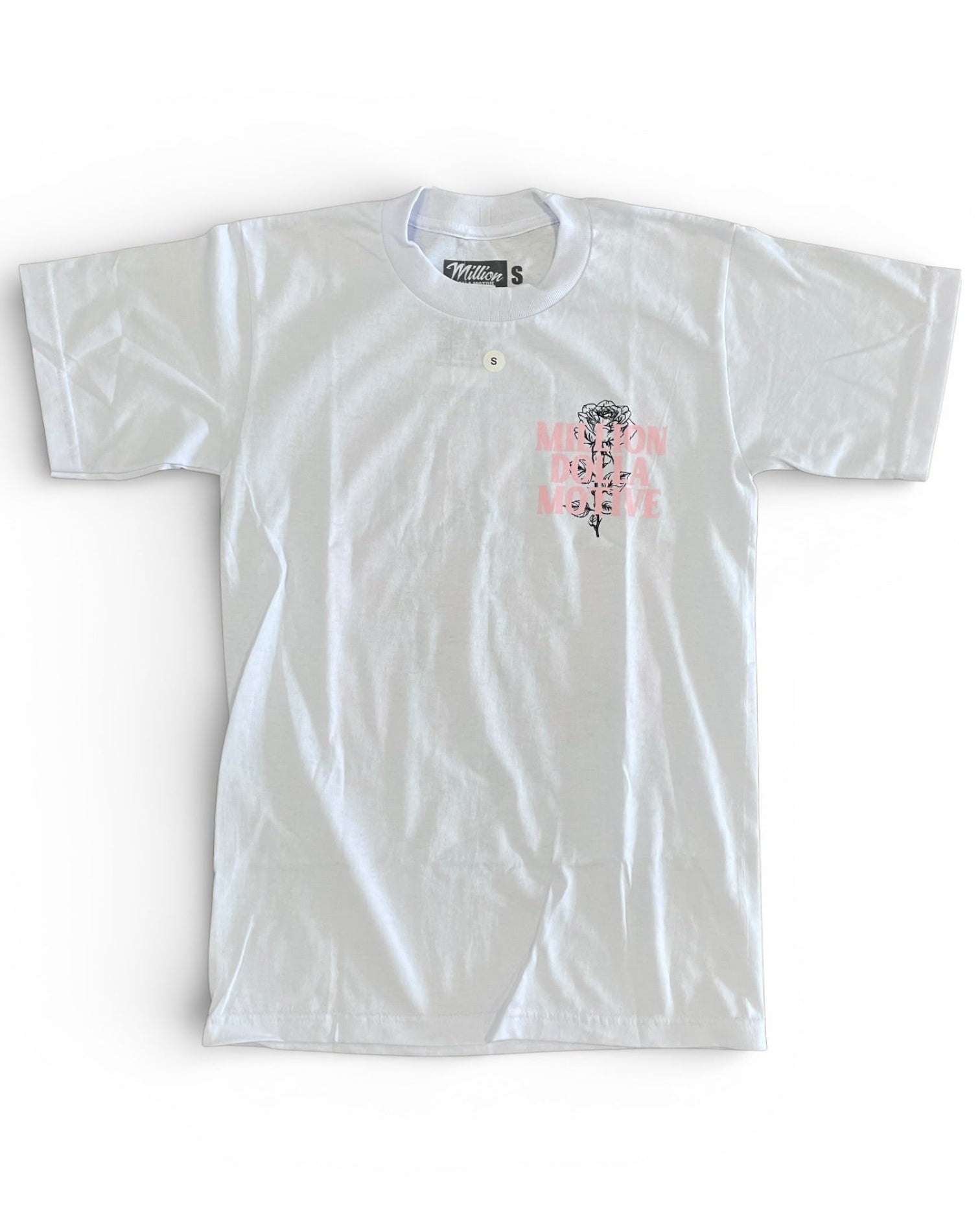 White t-shirt with a pink graphic on a white background