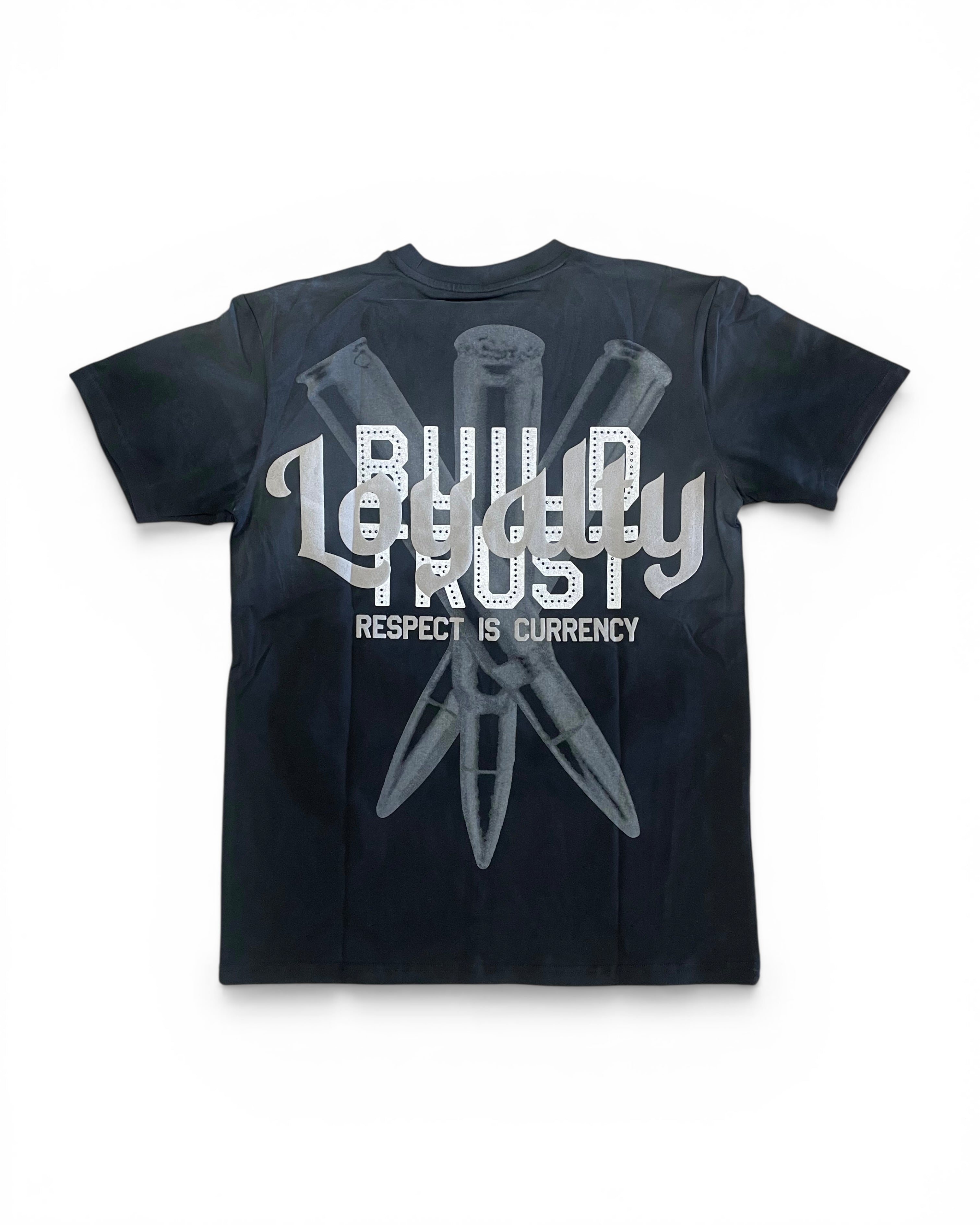 Black t-shirt with white text and graphics on a white background