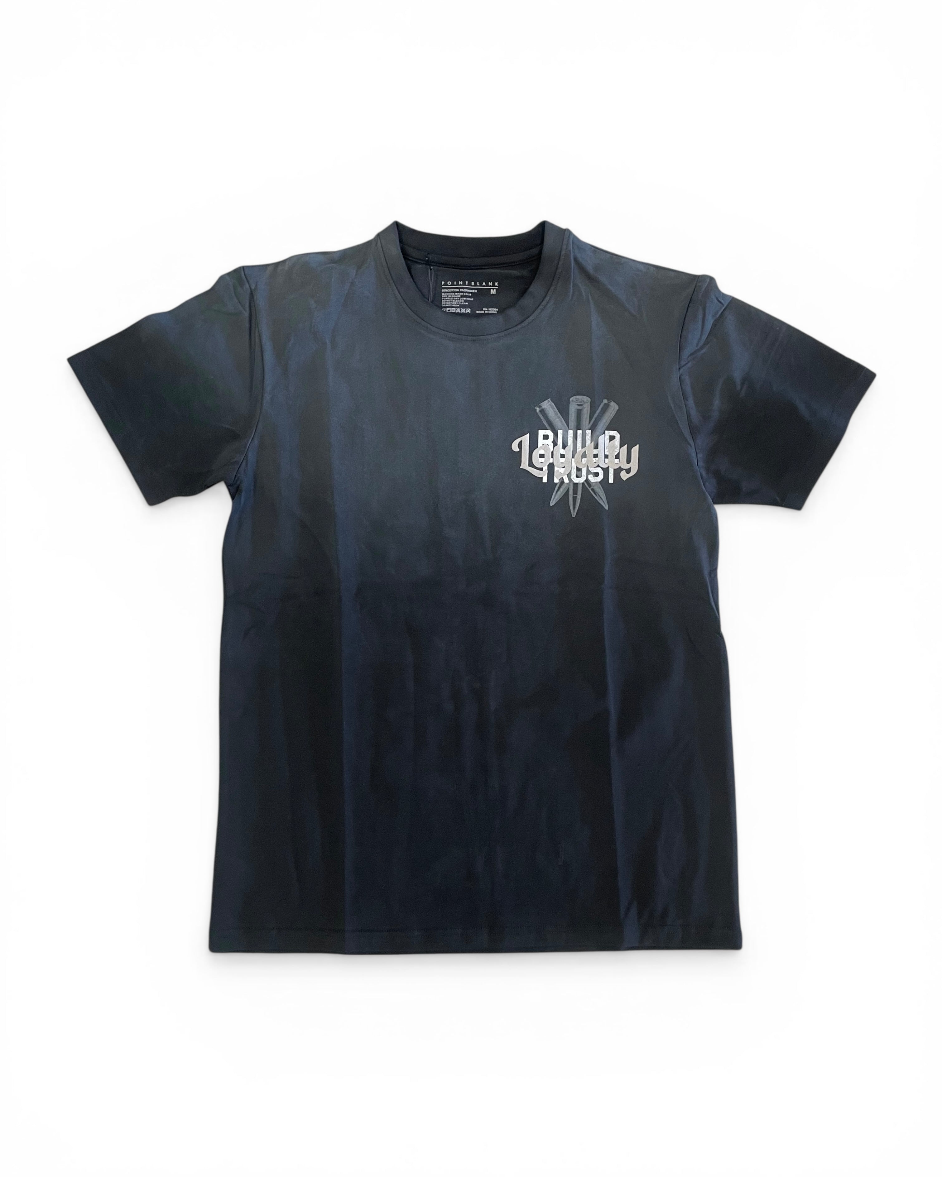 Black t-shirt with a logo on a white background