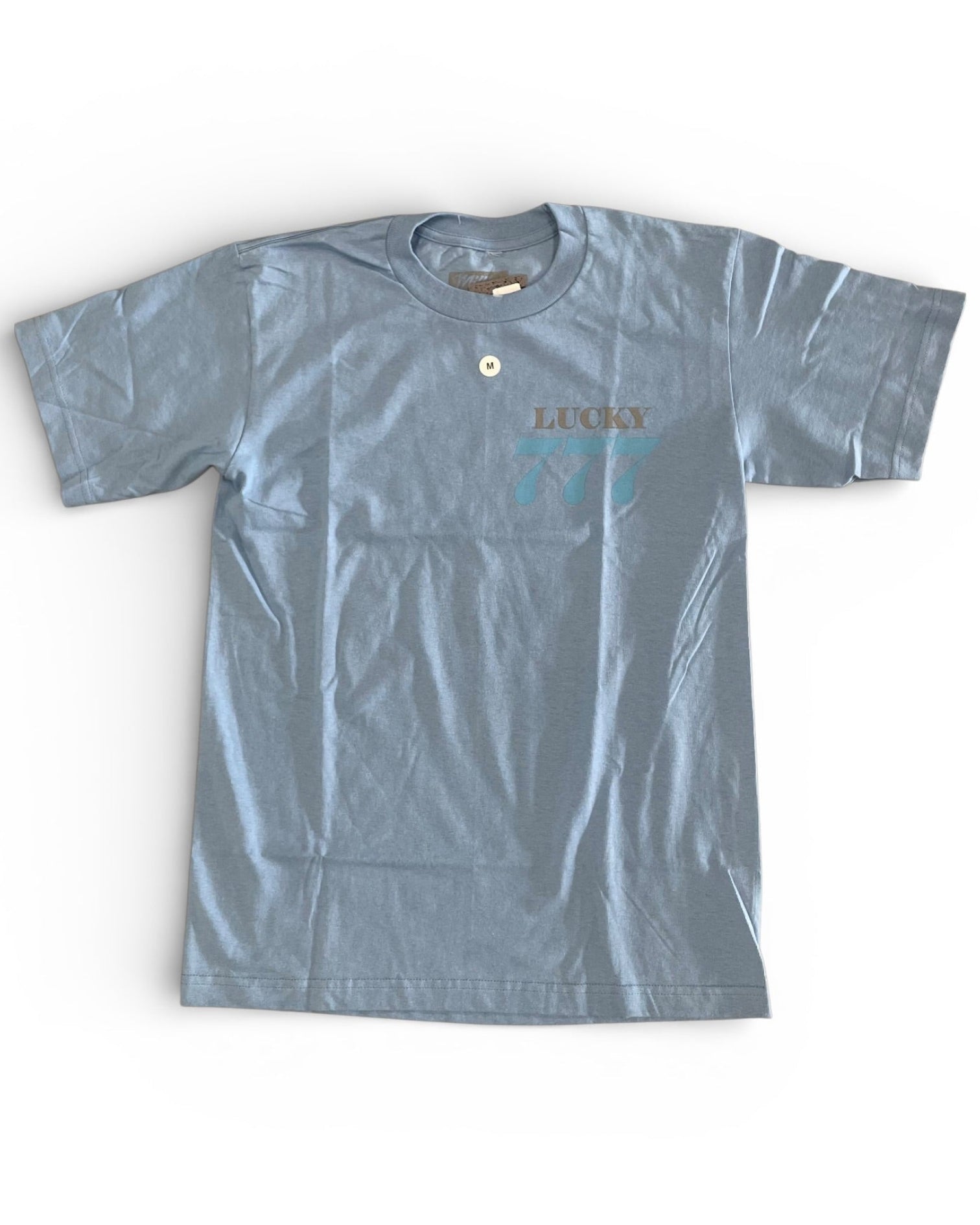 Light blue t-shirt with 'Lucky' branding on a white background