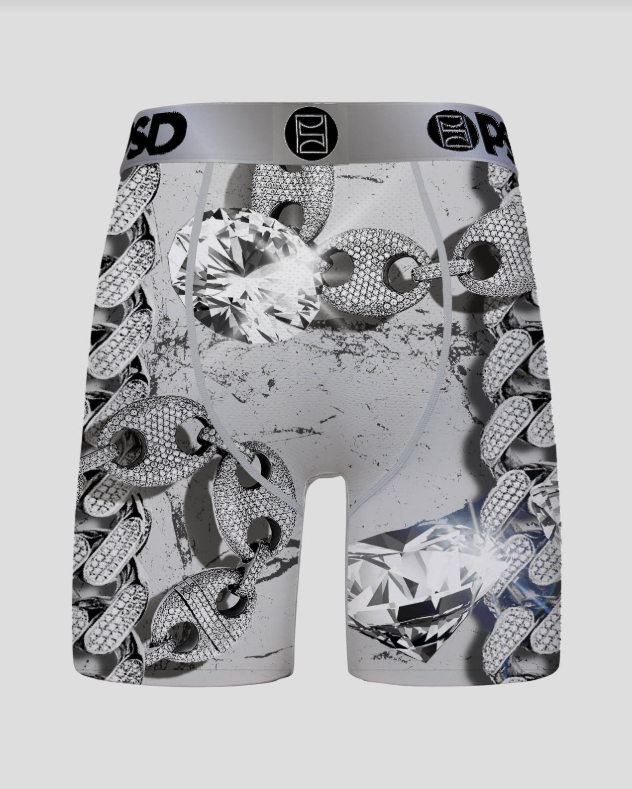 Boxer briefs with diamond and chain design on a white background