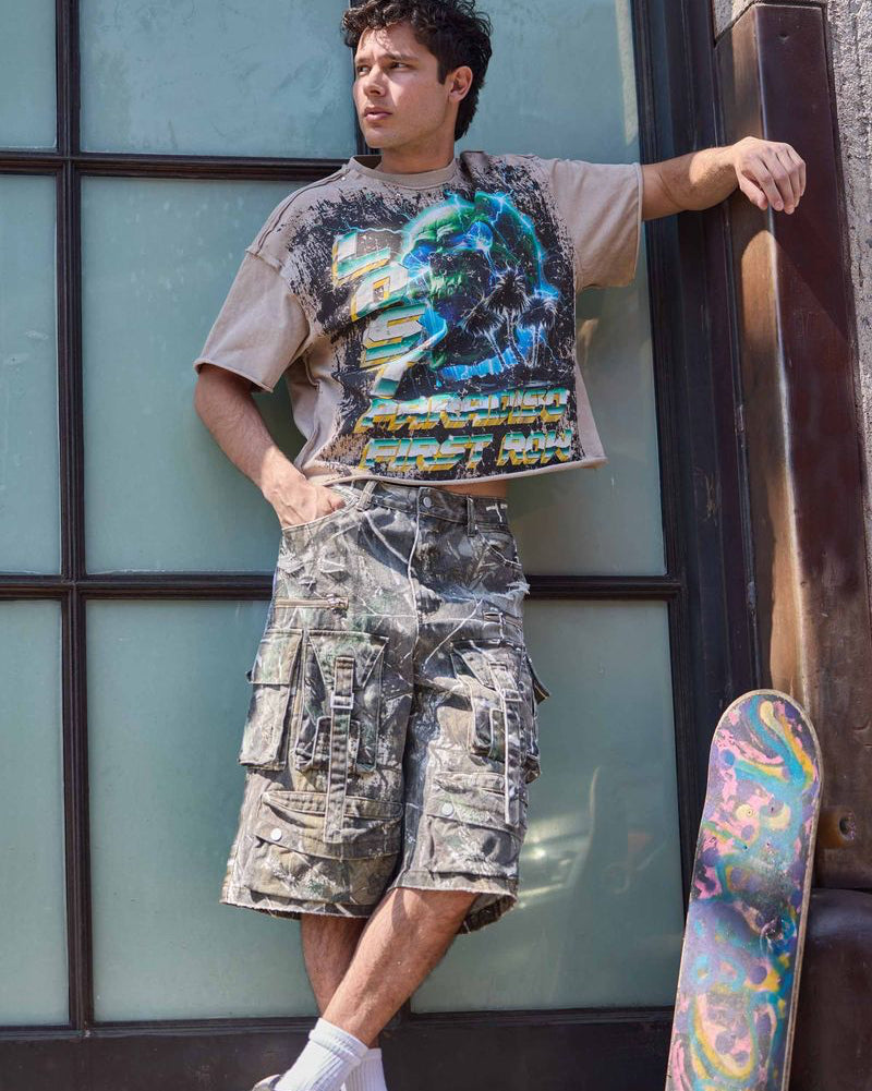 First Row lost Paradise Burning Pyramid Crop Tee in khaki