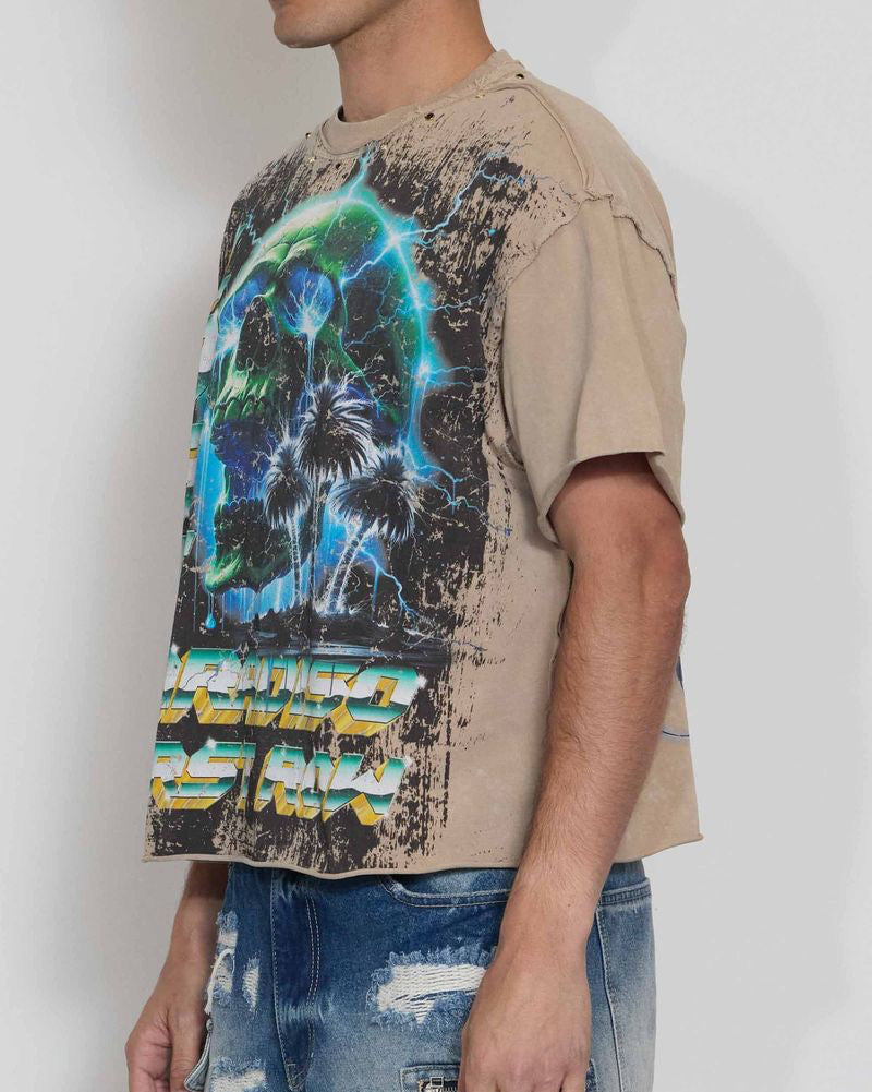 First Row lost Paradise Burning Pyramid Crop Tee in khaki