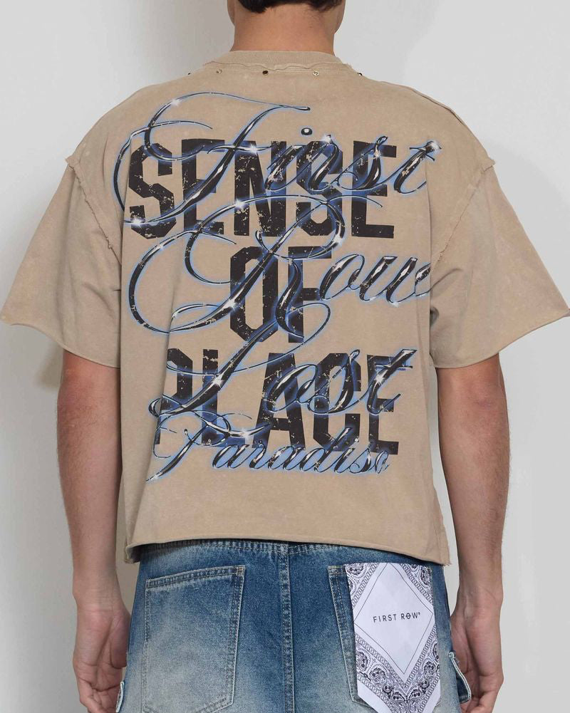 First Row lost Paradise Burning Pyramid Crop Tee in khaki