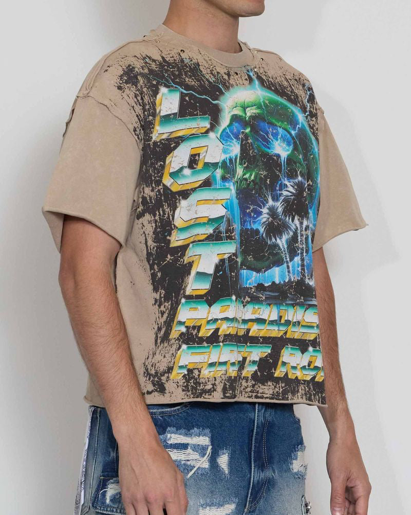 First Row lost Paradise Burning Pyramid Crop Tee in khaki