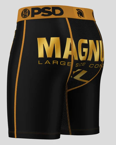 Black athletic shorts with gold and white text and branding on a gray background