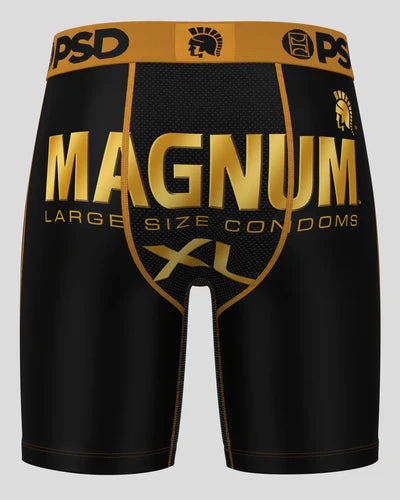 Black and gold Magnum condoms packaging on a gray background